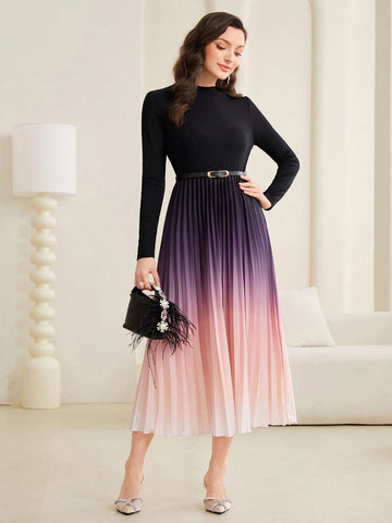 Ombre Pleated Hem Dress With Belt